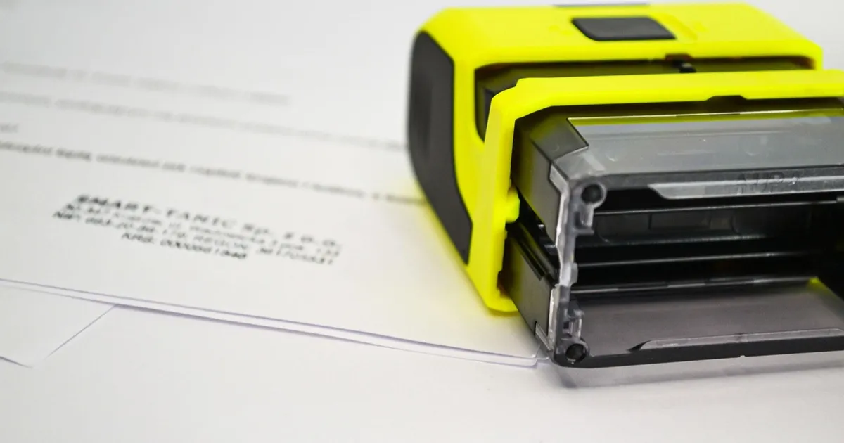 Sello de goma amarillo apoyado sobre un documento impreso en una mesa blanca